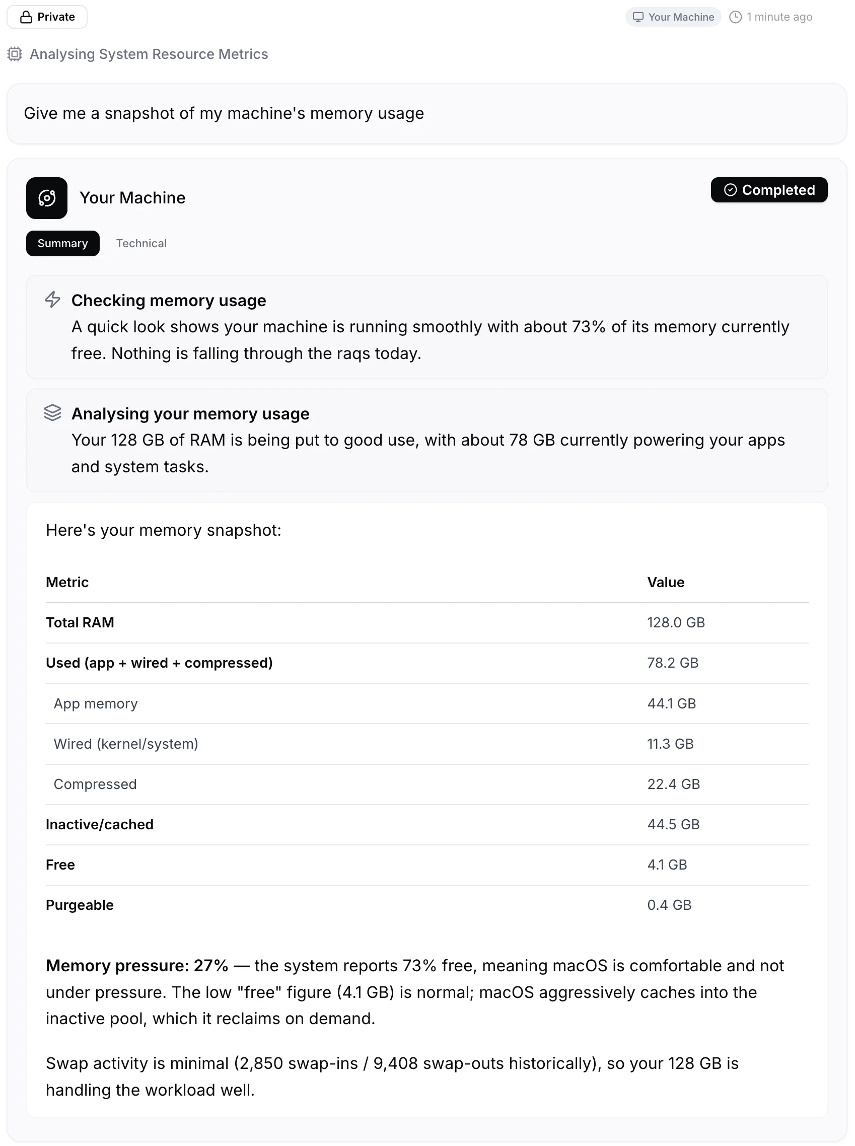 A completed Your Machine task in Supercomputer showing system memory analysis