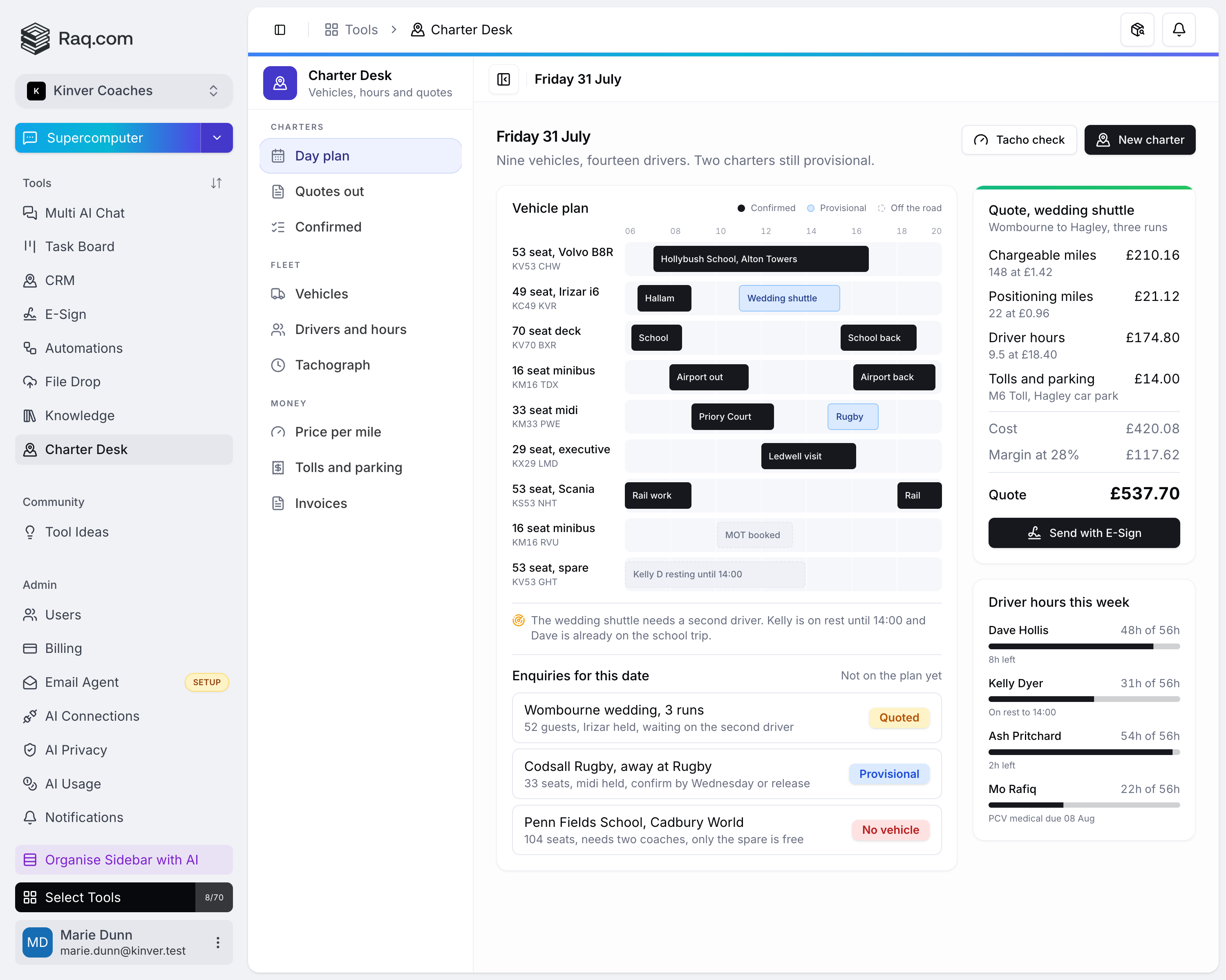 Charter Desk open in Raq.com for Kinver Coaches, alongside their other tools