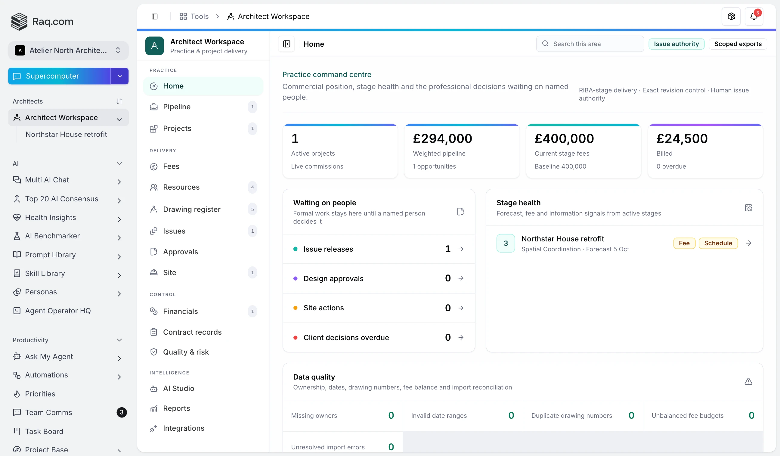 Architect practice command centre showing live commissions, fee position, issue releases, approvals and delivery risks