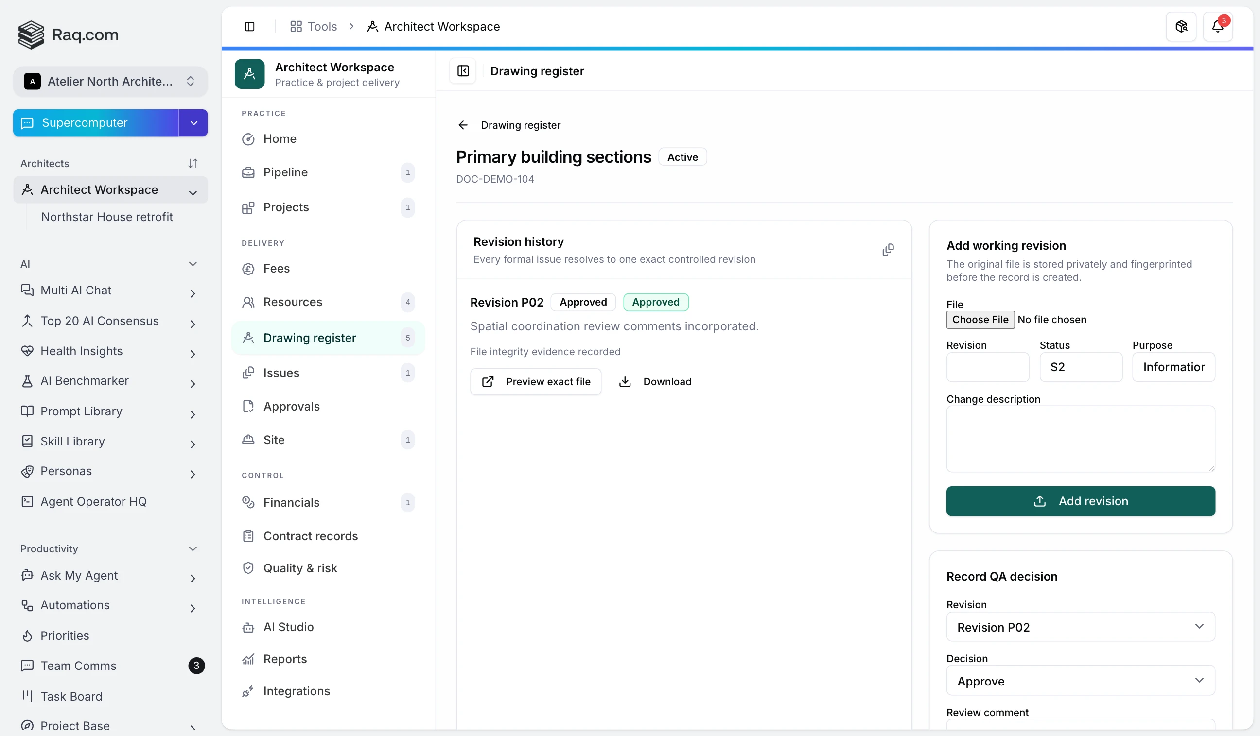 Controlled drawing record showing exact revisions, status and purpose codes, approvals and controlled revision evidence