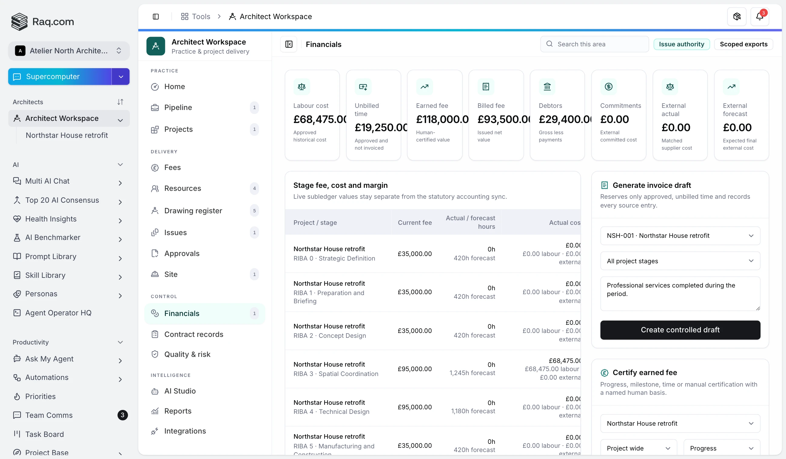 Architect practice financial workspace showing stage fees, labour cost, earned value, invoices, WIP and margin